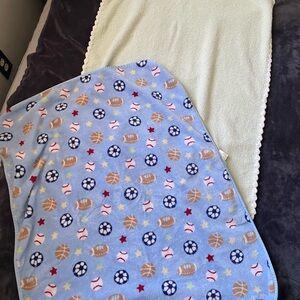 Blue Sports-Themed Baby Blanket. And light Green baby blanket